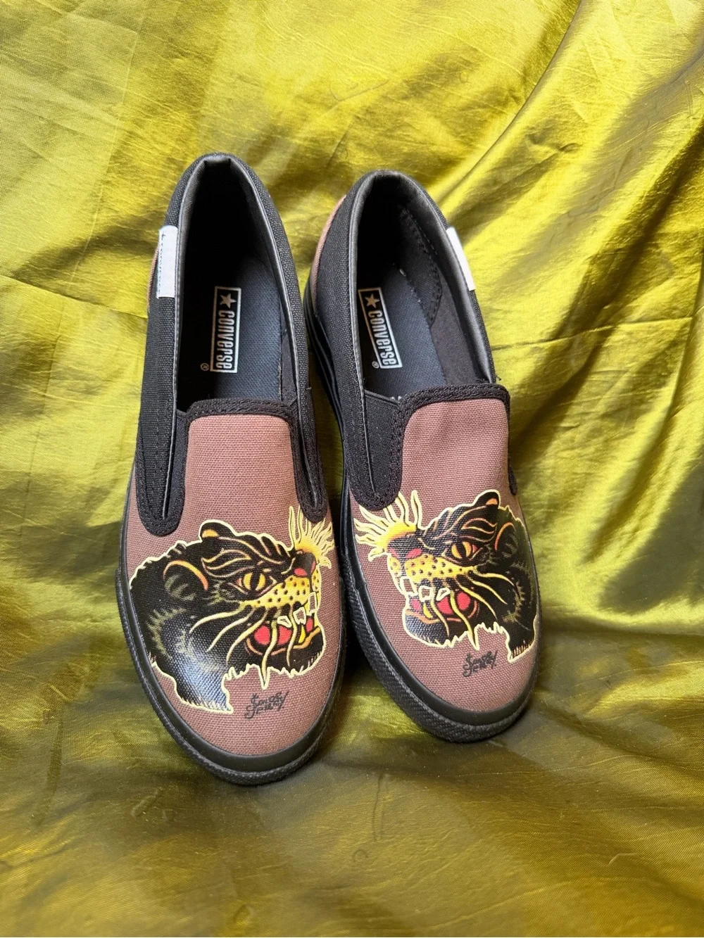 Womens Brown Slip-On Canvas Converse/ Sailor Jerry Sneakers with Panther Graphic